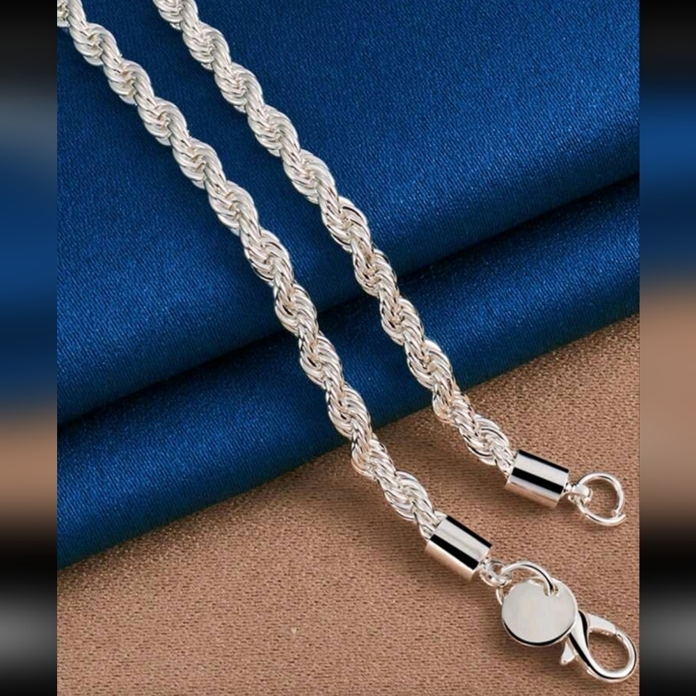 Unisex Plated Sterling Silver 4mm Twisted Rope chain Necklace 20.5" - Picture 2 of 8